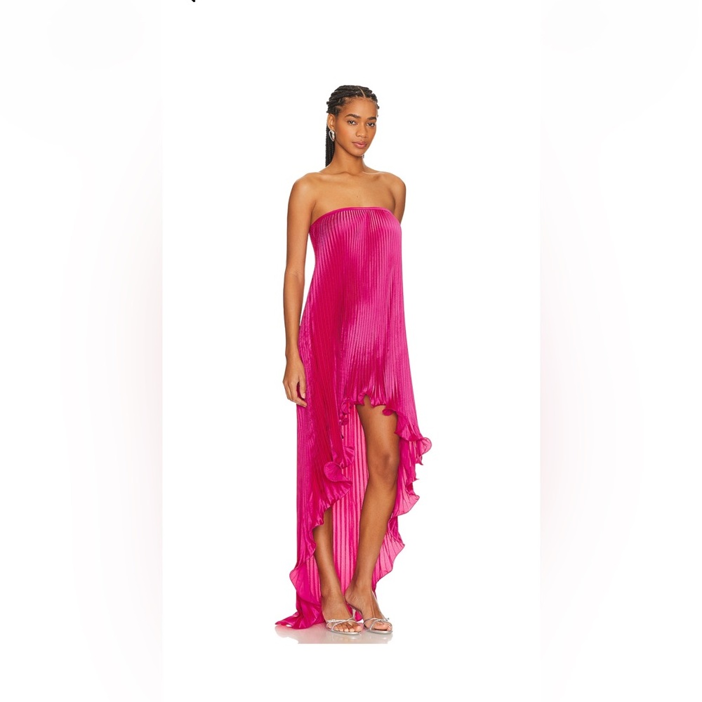 L’idée pleated satin high low strapless dress